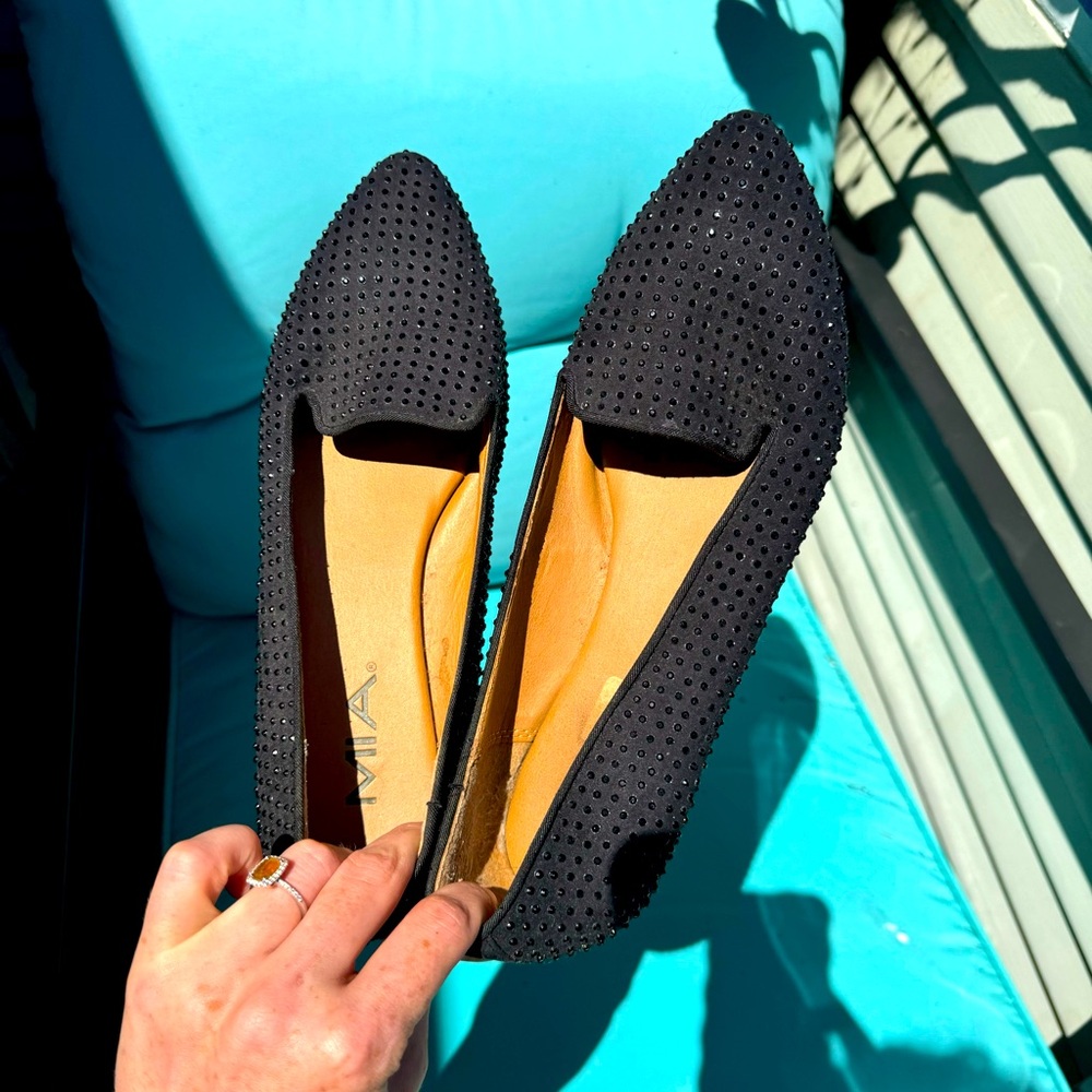 Mia Melani black Flat Loafers Sparkling Rhinestones Shoes Size 9